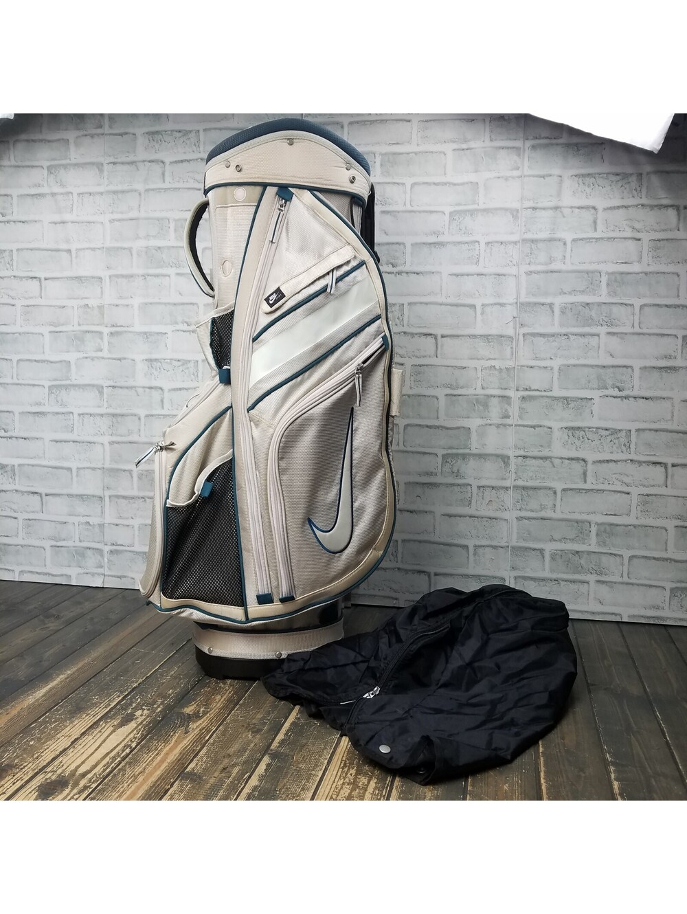 NIKE 14 Way Golf Cart Bag Gray Grey Teal Shoulder Carry Strap 35" Tall + Cover